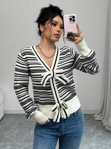 Chiquease Französischer Mode vielseitiger Schwarz-Weiß SchleifenCardigan mit V-Ausschnitt für Frauen, Reguläre Passform, Langarm für Herbst/Winter