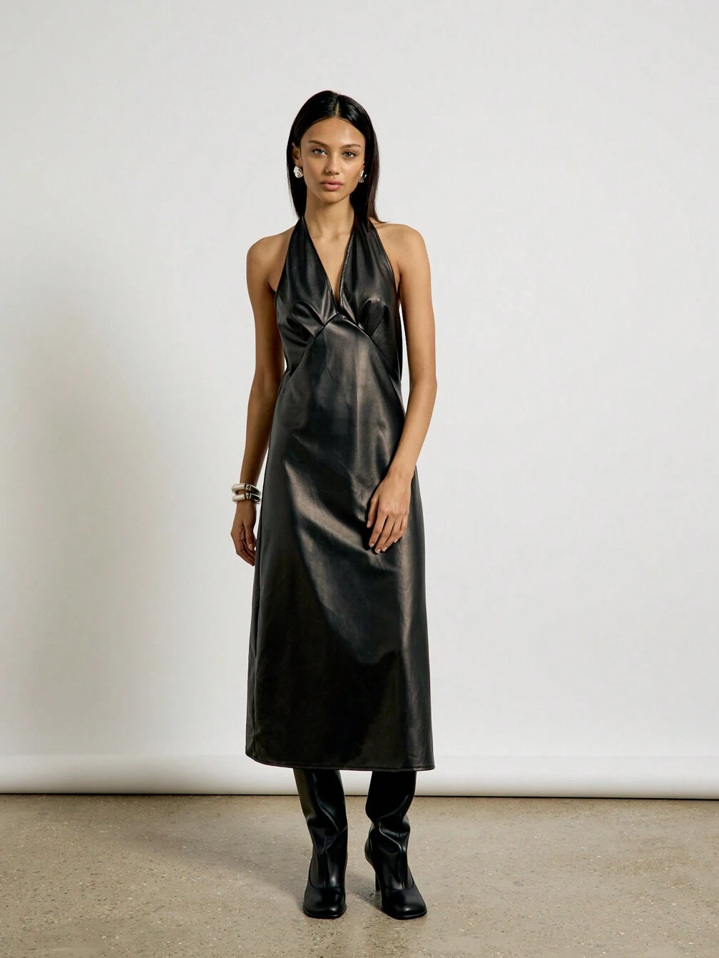 black halter leather dress Black Faux Leather Halter Maxi Dress by Outcast Clothing