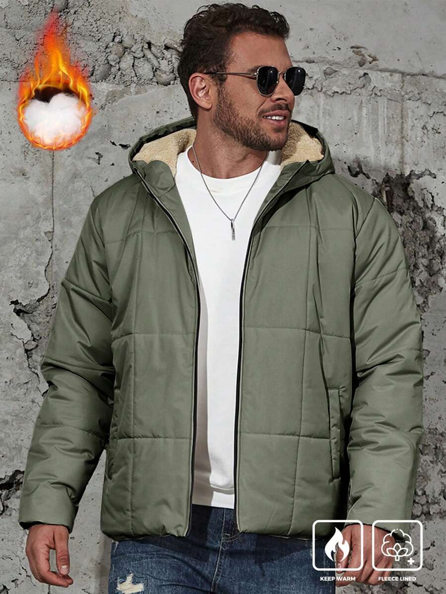 Manfinity Homme Plus Size Plain Hooded Zipper Long Sleeve Men Padded Coat For Winter - Army Green - View 1