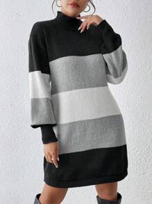 Chiquease 女士高领长袖休闲条纹针织毛衣连衣裙，秋冬 - 灰色 - 查看 6