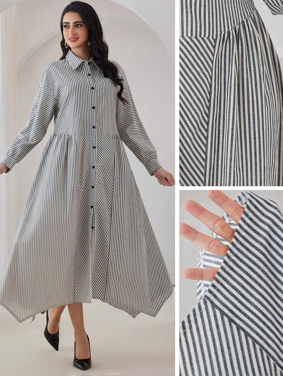 Al Najma Robe longue à manches longues, décontractée, à rayures, croisée sur le devant, ample et modeste, pour l'automne