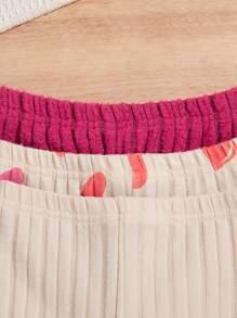 SHEIN Ensemble 3 pièces pour jeune fille : Top côtelé à manches longues, leggings imprimés cœur, tenue d'intérieur et de loisirs confortable de couleur unie, automne/hiver