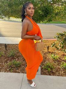 BamGleam 女士性感 Crowl 吊带背心 V 领吊带上衣和超长裙两件套，适合俱乐部派对装 - 橘色 - 查看 4