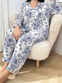 Floral Print Collared Button Down Puff Sleeve Plus Size Pajama Set