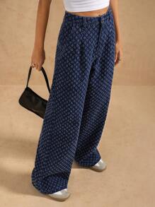 Forever 21 Women's All-Over Pattern Wide Leg Loose Casual Versatile Jeans - Blue - View 5