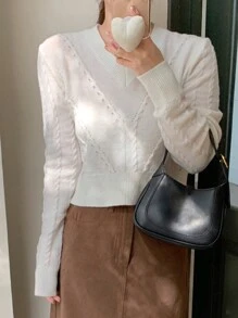 DAZY Casual Versatile Solid Color Short V-Neck Long Sleeve Women Sweater,Fall Clothes - White - View 2