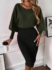 SHEIN Clasi Vestido jersey de Body entallado con manga larga, cuello asimétrico y bloques de color, para otoño/invierno