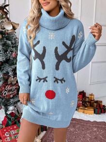 SHEIN LUNE Váy len dài vừa phải cổ lọ tay đèn lồng họa tiết nai sừng tấm phong cách Giáng sinh EU & US rộng rãi quá khổ, giảm tuổi, thu/đông - Màu xanh nhạt - Xem 3