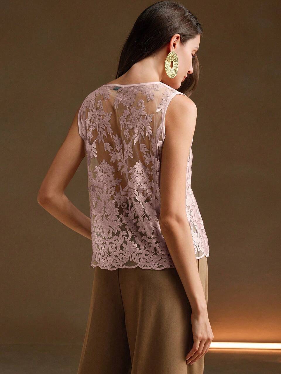 Women's Romantic Sheer V-Neck Mesh Embroidered Tank Top For Autumn/Winter, Layering Piece For New Year