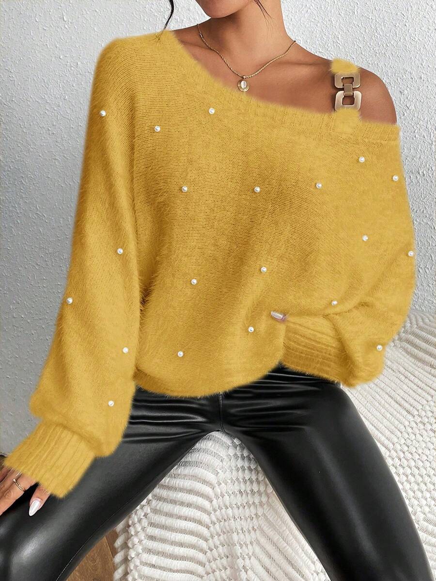 SHEIN Unity Damen einfacher Perlenverzierter Pullover mit Träger, Langarm, Lässig Täglicher Tragekomfort, Strick Pullover Herbst Winter - Gelb - Übersicht 1