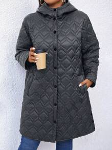 SHEIN LUNE Plus Size Casual Solid Color Hooded Jacket, Winter - Grey - View 6