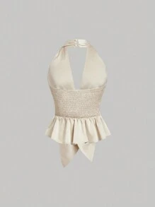 SHEIN MOD Necktie Khaki Satin Shiny Ball Gown Bow Back Tank Top - Khaki - View 2