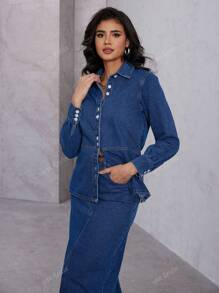 Ensemble denim classique et vintage pour femmes en deux pièces, chemise en denim à manches longues standard et jupe trapèze taille haute, pour dame de bureau, décontracté et école au printemps/été/automne/hiver