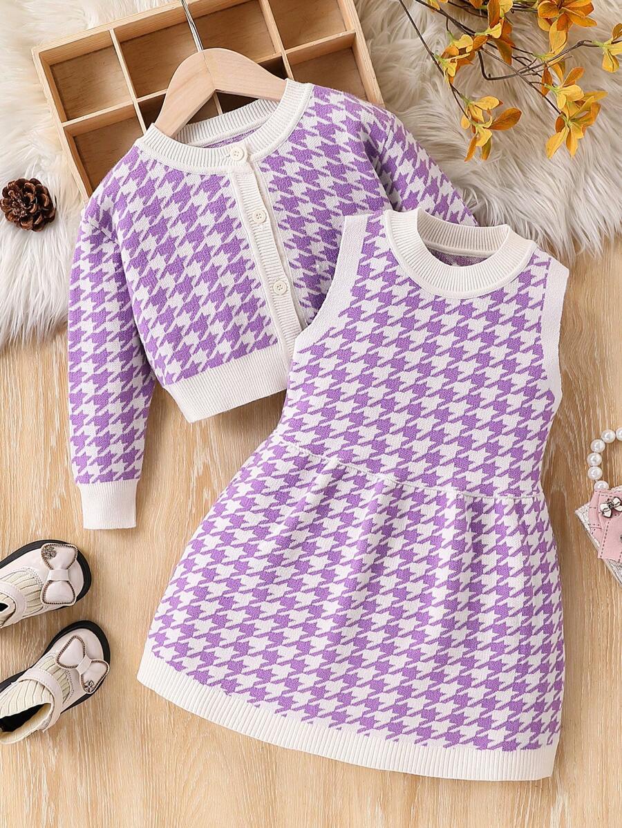 SHEIN Young Girl Solid Color Buttoned Patchwork Long Sleeve Simple Blouse And Jumper Dress 2 Pieces Set
