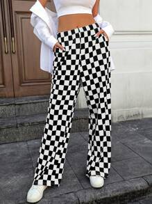 INAWLY Quần ống suông rộng rãi họa tiết ô vuông cho nữ - màu đen - Xem 1