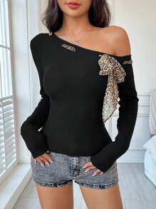 SHEIN EZwear Schwarzes gestricktes körperbetontes Einschulter-Top mit Schleife für Frauen