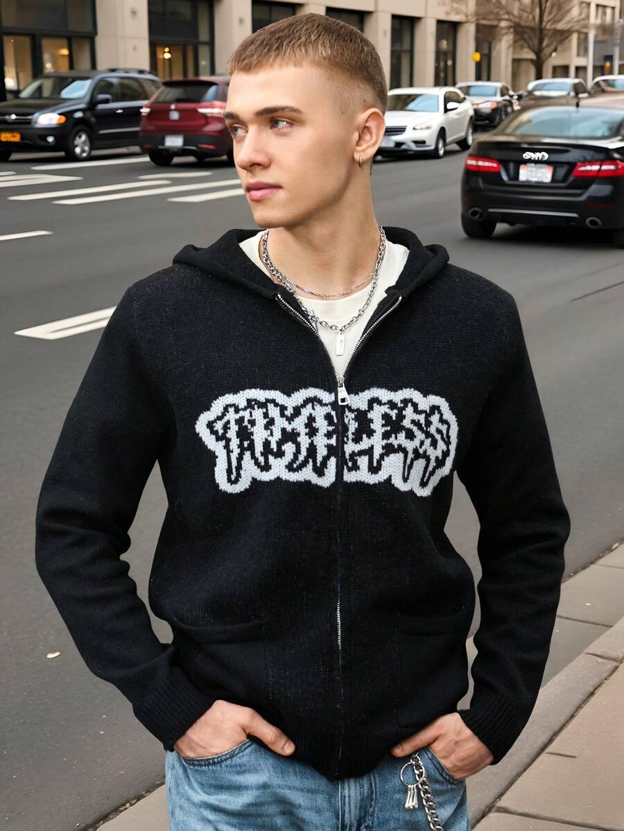 Manfinity Hypemode Men's Zipper Front Long Sleeve Hooded Cardigan With Minimalist Graphic Details, Going Out Letter Chunky Cardigan Casual Color Block Cardigan, For Husband, Boyfriend Gifts - Multicolor - View 1