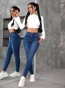 SHEIN EZwear Women's Front Button Pocket Simple Denim Jeans, Casual Daily Wear