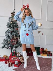 SHEIN LUNE Váy len dài vừa phải cổ lọ tay đèn lồng họa tiết nai sừng tấm phong cách Giáng sinh EU & US rộng rãi quá khổ, giảm tuổi, thu/đông - Màu xanh nhạt - Xem 4