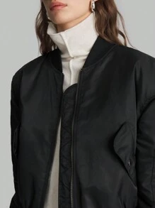 Ontre Women's Solid Black Long Sleeve Zip-Up Baseball Collar Padded Coat, Winter