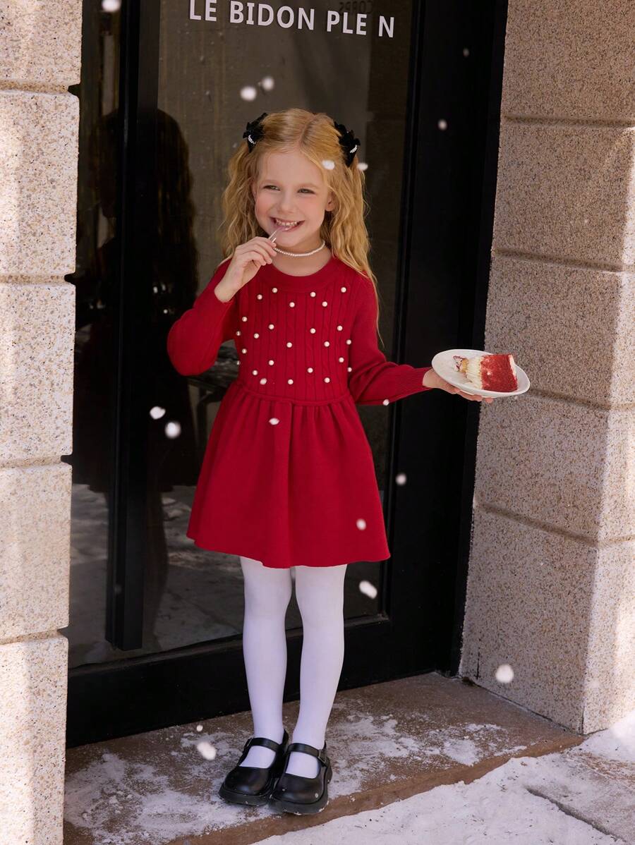SHEIN Girls' Crew Neck Long Sleeve Knit Sweater Dress, Comfortable & Warm, Suitable For Autumn/Winter, Red, Fashionable & Versatile For New Year, Holidays, Daily Wear, Indoor, Outdoor, Travel