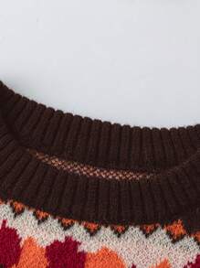 Flirla Plus Size Drop Shoulder Fox & Leaf Print Crew Neck Sweater, Autumn, For Winter Knit Pullover Fall - Brown - View 3