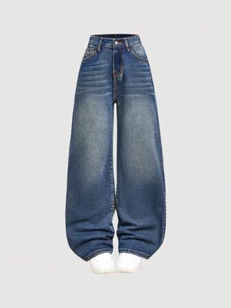 SHEIN Girlism Tween Girls' Y2K Retro Washed High Waist Cat Whisker Washed Baggy Staight Leg Jeans,Tween Girls Fall Winter Clothes Back To School Streetwear Outfits
