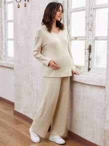 SHEIN Ensemble 2 pièces abricot : top côtelé à manches longues et pantalon, tenue de maternité confortable et décontractée pour l'automne/l'hiver