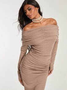 COSMINA Vestido de mujer de hombros descubiertos de longitud media con brillo dorado para otoño/invierno