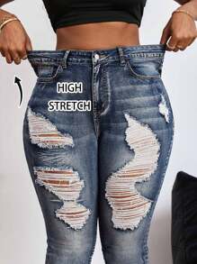 Slaydiva Blue Plus Size Jeans Casual Skinny Stretch Ripped Tights, Fall Women Clothes - Dark Wash - View 2