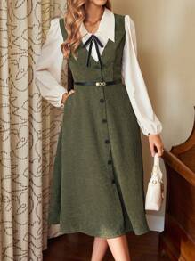 Vintamour Vintage elegantes Damenkleid aus Cord mit Einsätzen, Hemdkleid, Tankkleid mit Tasche, Schleife, Gürtel, V-Ausschnitt, Knopfdekor, hoher Bund, lässiges Regenschirmkleid für den Weg zur Arbeit, A-Linie, langes Kleid für Festivals, Winterkleidung für Frauen, langärmliges Kleid, Neujahrskleider für Damen, elegante Winterkleide für Weihnachten, Damen-Outfit, Urlaubspartykleid