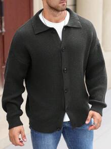 Manfinity Homme Chaqueta de punto informal monocromática de manga larga con hombros caídos y un solo abotonado, talla grande para hombre, otoño/invierno