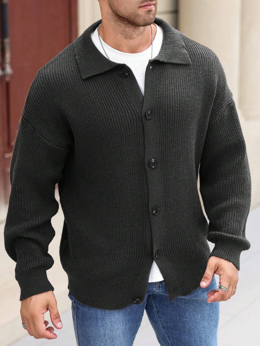 Manfinity Homme Chaqueta de punto informal monocromática de manga larga con hombros caídos y un solo abotonado, talla grande para hombre, otoño/invierno