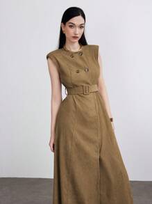 Modelyn 女士纯色正面系扣系带无袖连衣裙 - 卡其色 - 查看 3