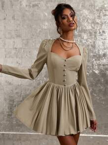 COSMINA 女士优雅纯色泡泡袖、褶边迷你连衣裙，秋季