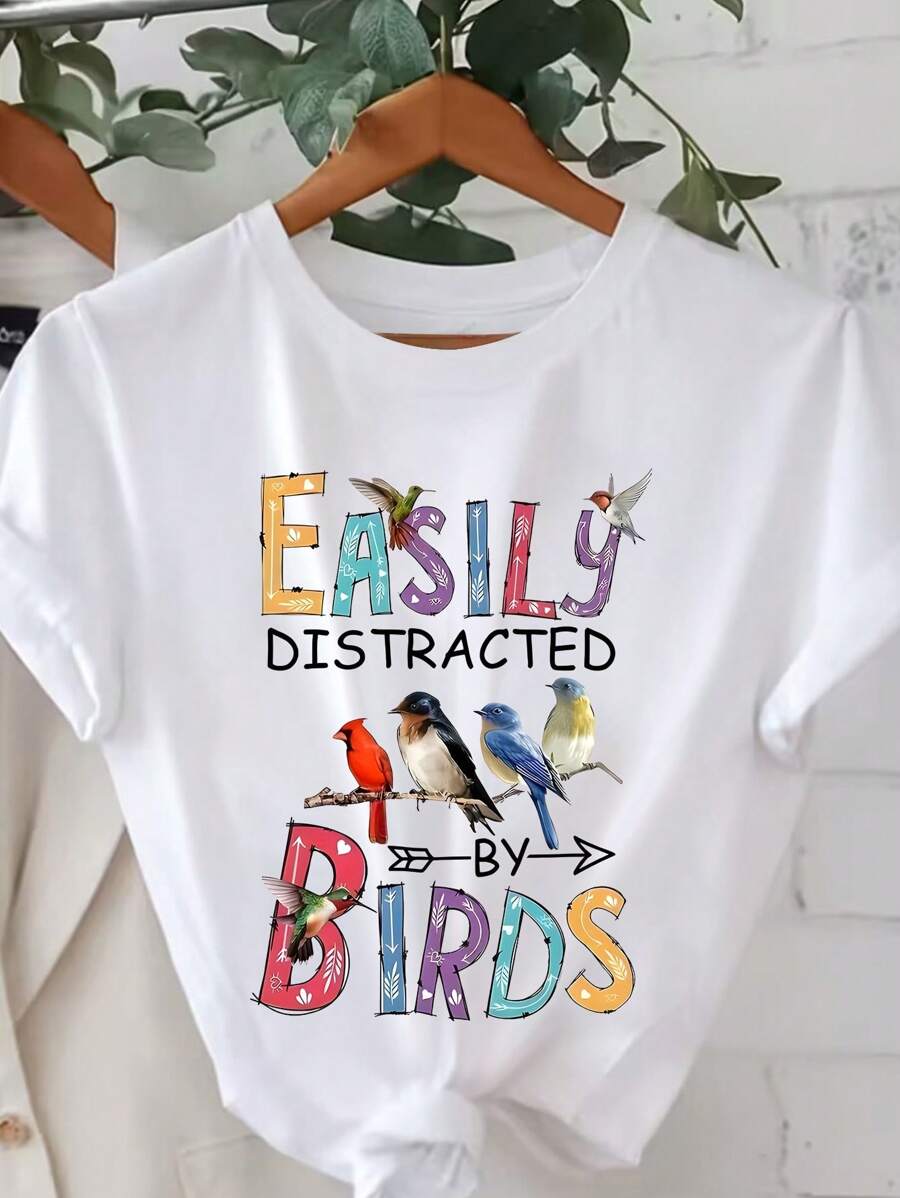 Calvaya Áo thun cổ tròn in hình chim tay ngắn thường ngày dành cho nữ, phù hợp cho mùa xuân/hè Áo thun họa tiết dành cho nữ - trắng - Xem 1