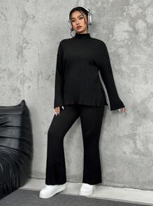 SHEIN EZwear Plus Size Solid Color Stand Collar Long Sleeve Casual Top And Pants 2 Pieces Set