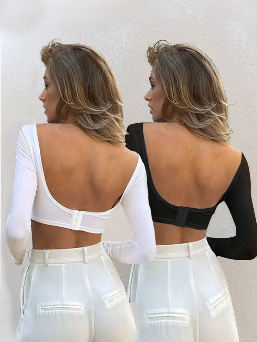 INAWLY 女士时尚纯色露背修身短款 T 恤，秋季 - 黑與白 - 查看 1