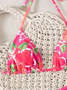 SHEIN Swim Women's Floral Print Sexy Halter Tie Bikini Swimwear, Split-Style, Random Print Summer - Pink - View 4