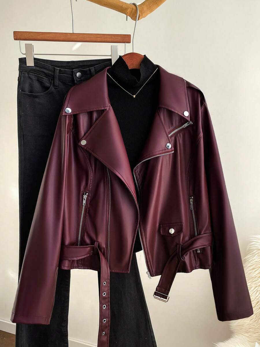 CosyJoli Veste en PU à manches longues ample et décontractée de base, couleur bordeaux, pour femmes grandes tailles, mode automne et hiver, style Y2K, streetwear, vêtements femme automne, vêtements femme hiver, hauts bordeaux, courbes, nouvel an, manteaux femme, fête de fin d'année