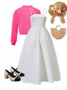 Set de 2 piezas para adolescentes (niñas): Cárdigan de manga larga casual y vestido de tirantes para uso diario y citas - Blanco - Ver 2