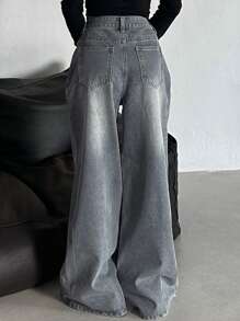 DAZY 女士休闲破洞阔腿宽松牛仔裤 - 淺色水洗藍 - 查看 5