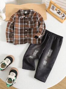 SHEIN 2pcs Baby Boy Retro Check Pattern Lapel Long Sleeve Cardigan Shirt And Elastic Waist Long Pants Set, Soft & Comfortable, Casual Sports Style, Suitable For School, All-Match Versatile, Indoor And Outdoor , Fall Clothes - Brown - View 5