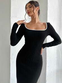 Firerie Women Elegant Simple Fashionable Two-Tone Turtleneck Long Sleeve Bodycon Dress, Suitable For Commuting - Black - View 4