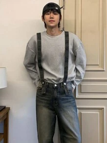 DAZY Camiseta de manga larga casual y holgada de cuello redondo de unicolor para hombre, otoño - Gris - Ver 4