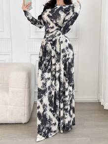 Modelyn Women Tie Dye Print Round Neck Long Sleeve Pleated Dress, Elegant