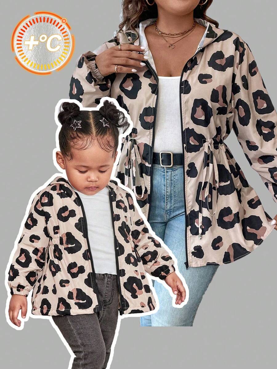 SHEIN Leap Crew Mommy And Me Baby Girl Cute Hooded Leopard Print Fleece Jacket, Autumn Winter - Multicolor - View 1