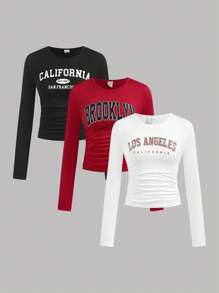 SHEIN Girlism 3件套少女休闲校服字母印花褶皱侧边圆领长袖短款针织T恤上衣，返校服装 - 彩色 - 查看 10