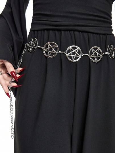 1pc Women's Black Hollow Five-Pointed Star Decor Waist Chain, Gothic Style Party Accessory, Versatile For Daily Wear, Halloween