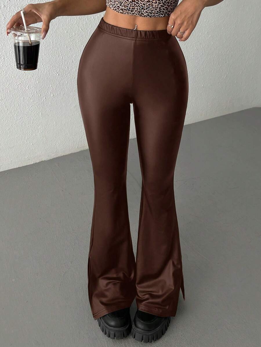 Muchica Women's New Elastic Leather Flare Pants - Chocolate Brown - View 1